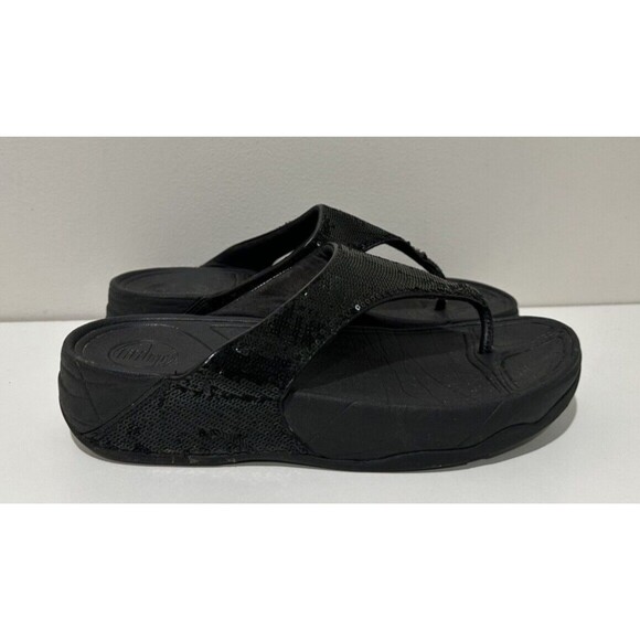 FitFlop women size US 8 UK 6 EU 39 black sequences slip-on thong flip flops - Picture 2 of 13